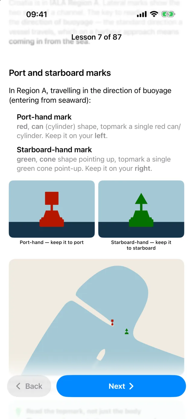 Nautly app: a Learn lesson on port and starboard marks, with diagrams