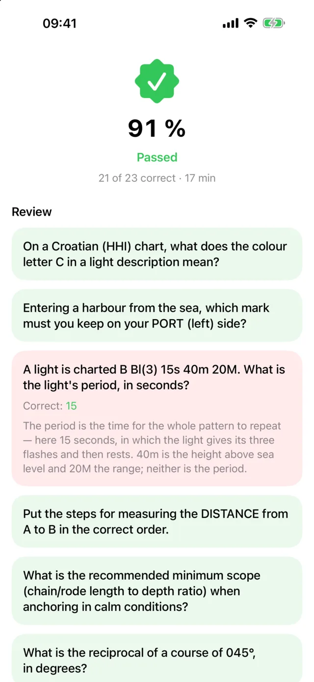 Nautly app: a finished mock exam scored 91 per cent, with every answer reviewed